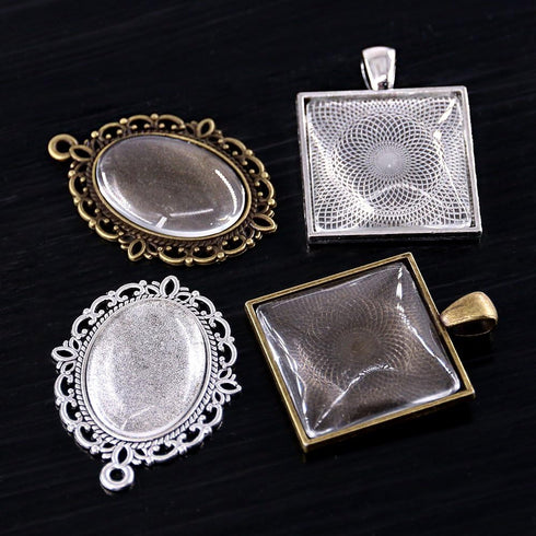 Glarks 48-Pieces Oval and Square Pendant Trays with Glass Cabochon Dome Tiles Clear Cameo for Crafting DIY Jewelry Making, 24 Sets...