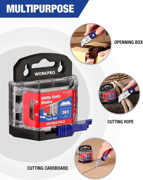 WORKPRO 50-Pack Utility Knife Blades with Dispenser, SK5 Steel Box Cutter, Standard Blades for Utility Knife Replacement...