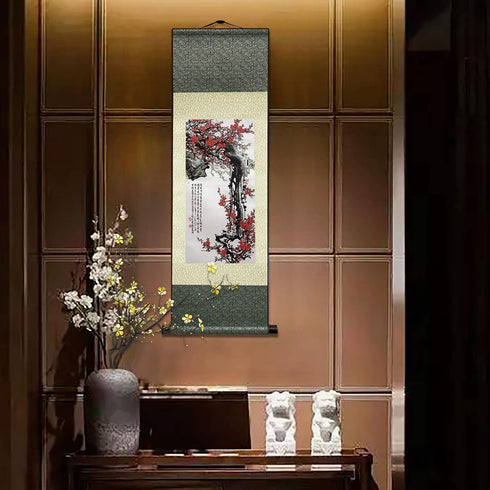 AtfArt Asian Wall Decor Beautiful Silk Scroll Painting Flowers - Proud Plum - Iron Heart Oriental Decor Chinese Art Wall Scroll Wall Hanging Paint...