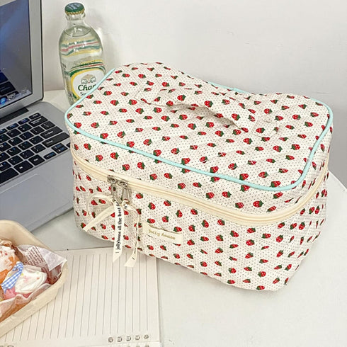 3Pcs Cotton Quilted Makeup Bag Large Travel Cosmetic Bag Coquette Makeup Pouch Cute Aesthetic Floral Toiletry Bag for Women Girls (Strawberries)...