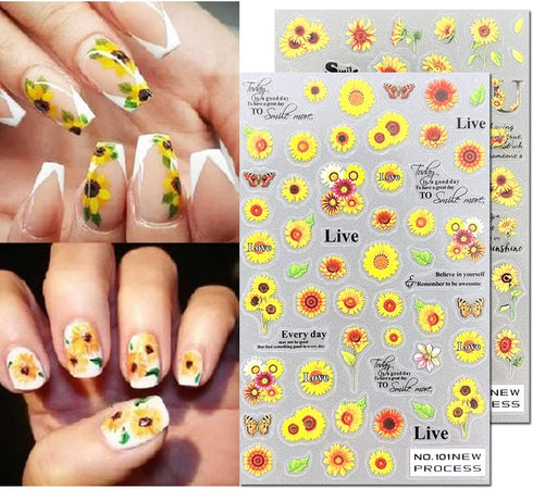 5 Sheets Flower Nail Art Stickers Decals, 5D Sunflower Nail Stickers for Nail Art,3D Self-Adhesive Engraved Nail Art Supplies Yellow Floral Small ...