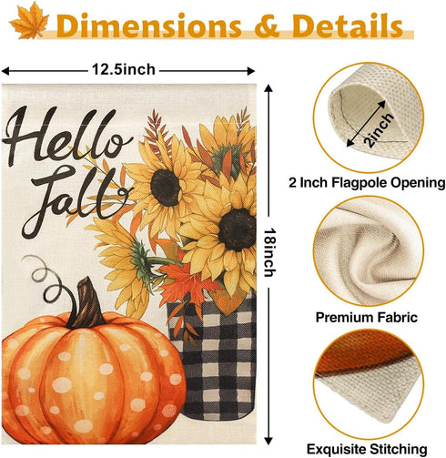 Hello Fall Pumpkin Garden Flag Vertical Double Sided 12x18 Inch Small Yard Flag Thanksgiving Autumn Burlap Yard Seasonal Holiday Outdoor Decor...