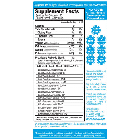 GoLive Probiotics & Prebiotics FLAVORLESS/SUGARLESS Synbiotic Powder, Probiotics + Prebiotics for Women, Men & Kids +15 Billion CFUs, 15 Clinical ...
