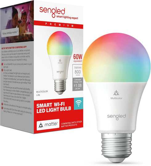 Sengled LED Smart Light Bulb (A19), Matter-Enabled, Multicolor, Works with Alexa, 60W Equivalent, 800LM, Instant Pairing, 2.4 GHz, Wi-Fi, 1-Pack...