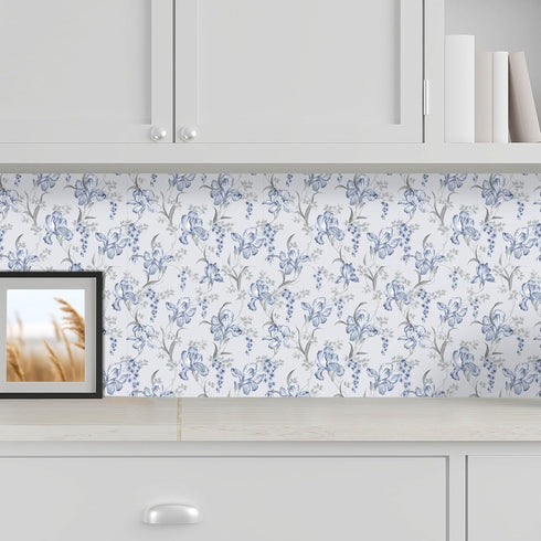 17.7"x118" Blue Grey Floral Peel and Stick Wallpaper Iris Flower Bouquet Leaf Mural Wallpaper Floral Contact Paper Self Adhesive Removable Floral ...
