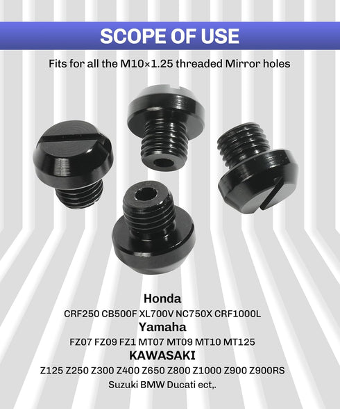 4 Pcs M10x1.25 Screws Bolts,Car Accessories Left and Right Motorcycle Mirror Hole Plugs Screw,Universal Fit for FZ-07 FZ-09 MT-07 MT-09FZ CRF250 C...