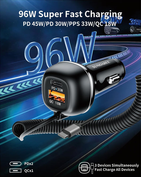 SUNDAREE USB C 96W Super Fast Car Charger PD & QC3.0 with 5ft 45W Type C Coiled Cable, Car Phone Charger Adapter for iPhone 15 14 13 12 11 Pro Max...
