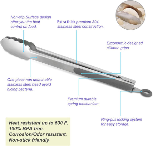 304 Stainless Steel Kitchen Cooking Tongs, 9" and 12" Set of 2 Sturdy Grilling Barbeque Brushed Locking Food Tongs with Ergonomic Grip, Grey...