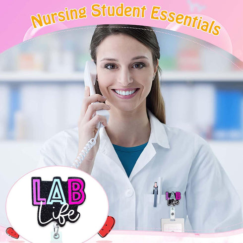 Lab Life Funny Badge Reels Retractable for Nurses Cute Nurse Badge Reel Holder Glitter Teacher Nursing Badge Clip RN CNA LPN Medical Assistant Stu...