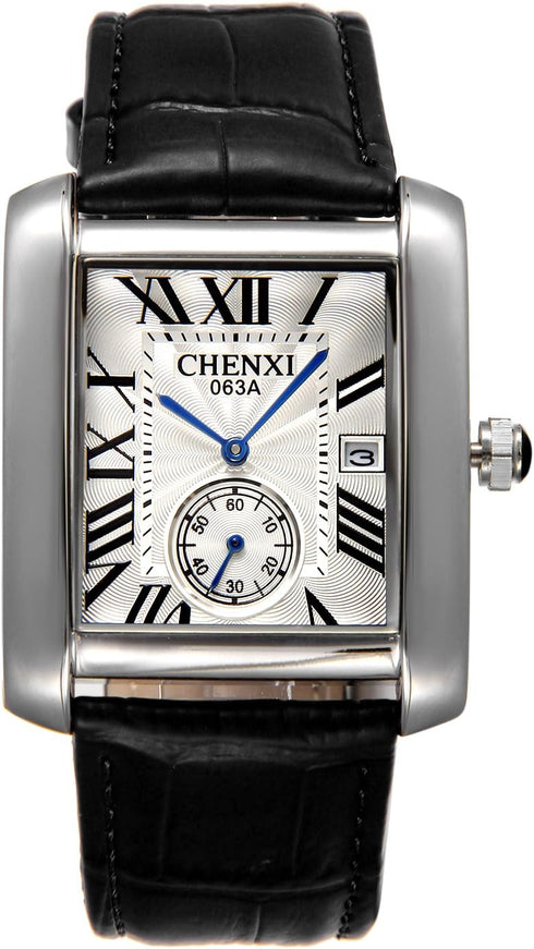 Men's Square Face Japan Quartz Watch Independent Second Dial Calendar Soft Leather Watches (Black)...