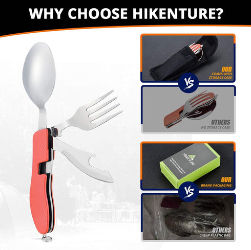 Camping Eating Utensils HIKENTURE 4-In-1 Stainless Steel Spoon Fork Knife Bottle Opener Set,Foldable Backpacking Cutlery for Traveling, Hiking, Bo...