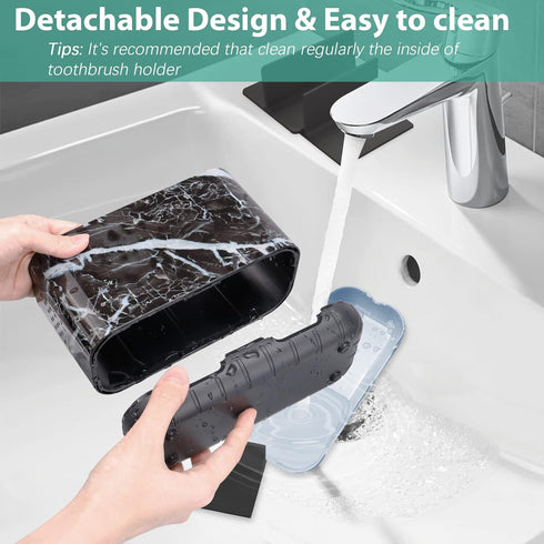 Boperzi Black Toothbrush Holder for Bathroom Toothpaste Organizer Countertop, Detachable Anti-slip Marble Toothpaste Storage Caddy 6 Slots with Dr...
