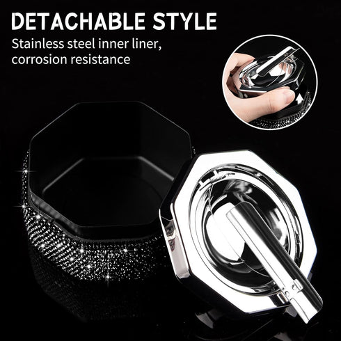 Ashtray,Stainless Steel Ashtray with Lid Bling Crystal Diamonds,Cigarette Ashtray for Indoor or Outdoor Use,Ash Holder for Smokers,Desktop Smoking...