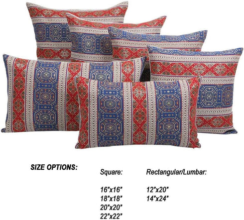 Boho Throw Pillow Covers Red and Blue - 18 x 18 Inches Decorative Kilim Pillows, Oriental Room Decor for Couch, Bohemian Outdoor Case for Farmhous...