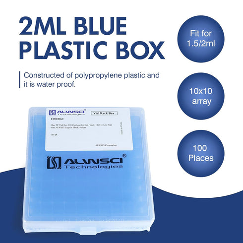 100 Well Microtube Storage Box, Blue Polypropylene Lockable Vial Holder Rack for 2ml Microcentrifuge Tubes and 12mm Autosampler Vials, 1 Pack...