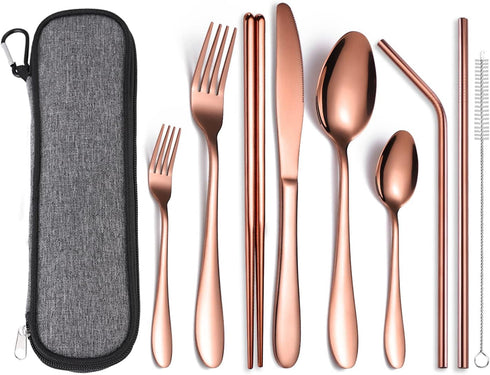 AARainbow 9 Pieces Stainless Steel Flatware Set Portable Reusable Cutlery Set Travel Utensils Set Including Chopsticks Knife Fork Spoon Straws Cle...