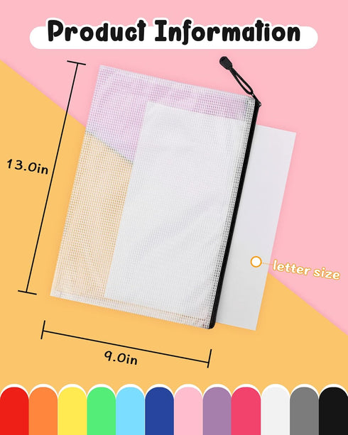 Umriox Mesh Zipper Pouch Puzzle Bags, 13.0x9.0 in (Black, 12 Packs), Letter Size A4 Size Zipper Bags for Office Supplies Travel Accessories...