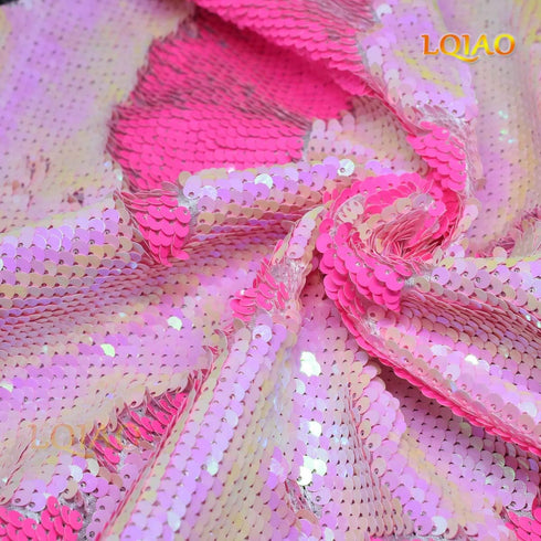 2021 Shimmer Mermaid Neon Pink Iridescent Sequin Fabric Reversible Elegant Fabric Flip Up Sequin Fabric by The Half Yard for DIY...