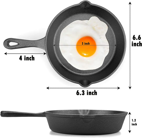6 Inch Cast Iron Skillet, Frying Pan with Drip-Spouts, Pre-seasoned Oven Safe Cookware, Camping Indoor and Outdoor Cooking, Grill Safe, Restaurant...