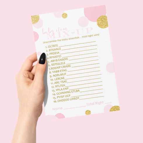 Paper Clever Party Pink and Gold Baby Shower Games for Girls - Word Scramble Cards - Fun Baby Shower Activities - Princess Theme with Twinkle Litt...