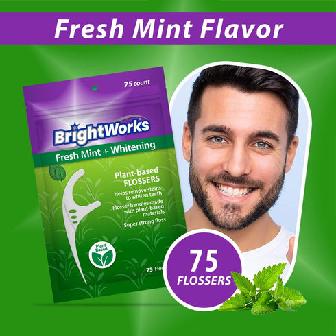 225 Piece BrightWorks Fresh Mint + Whitening Dental Flossers with plant-based handles, Super-Strong Floss and Mint-Flavored Floss with Micro-Cryst...