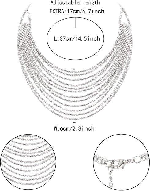 Flyonce Multi Layered Choker Collar Necklace, Glitter Black Rhinestone Crystal Tassel Multi-Strand Fringe Chains Bib Statement Necklace Prom Jewel...