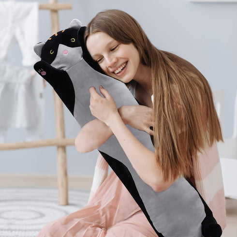 WUYU Lovely Plush Cat Doll Cute Cartoon Soft Stuffed Kitten Pillow Long Throw Sleeping Pillow Doll Toy Gift for Kids Girlfriend Multiple Size (Bla...