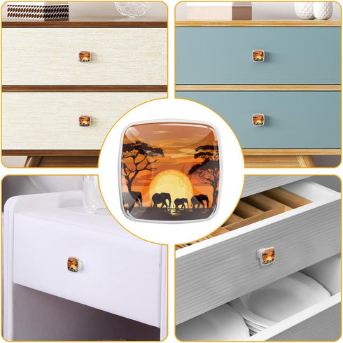 4pcs Drawer Pulls with Screws, Cabinet Knobs Drawer Handles, Bookcase Wardrobe Handle, Square, sunset pattern elephant silhouette...