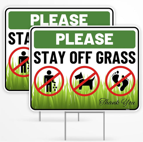 2PC Stay Off Grass Sign with Stake, 17 Inches by 13 Inches - Corrugated Plastic - Keep Off Grass Sign - Dont Walk On Grass Lawn Sign - No Dog Poop...