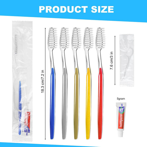 twoworld Disposable Toothbrushes with Toothpaste and Dental Floss Pick Individually Wrapped, Bulk Toothbrush 5 Colors and Toothpaste 5 grams, Flos...