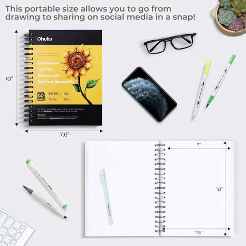 Ohuhu Marker Pads Art Sketchbook, 7.6"x10" Large Paper Size, 120LB/200GSM Heavy Smooth Drawing Papers, 60 Sheets/120 Pages, Spiral Bound Sketch Bo...