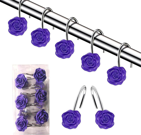 DLD12 PCS Home Fashion Decorative Anti Rust Shower Curtain Hooks Rose Design Shower Curtain Rings Hooks(Purple)...