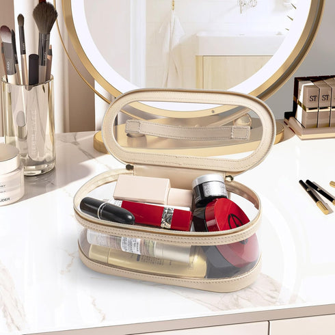 Clear Travel Makeup Bag Skincare Cases Beige With Double Zipper White Organizer Leather Stand Small Make Up Toiletry Cosmetic Storage Pouch…...