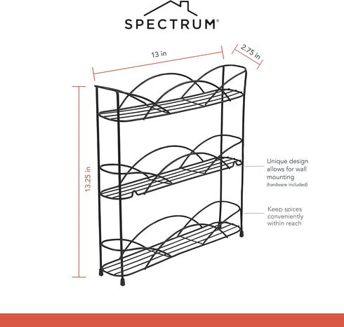 Spectrum Diversified 3-Tier Spice Rack Shelf Organizer for Kitchen Countertop, Pantry, Bathroom, or Closet with Optional Wall Mount, Black...