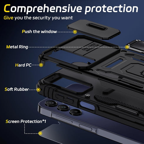 for Samsung Galaxy A15-5G Phone Case with Tempered Glass Screen Protector+Slide Camera Cover, with Magnetic Kickstand Galaxy A15 5G Case, Samsung ...