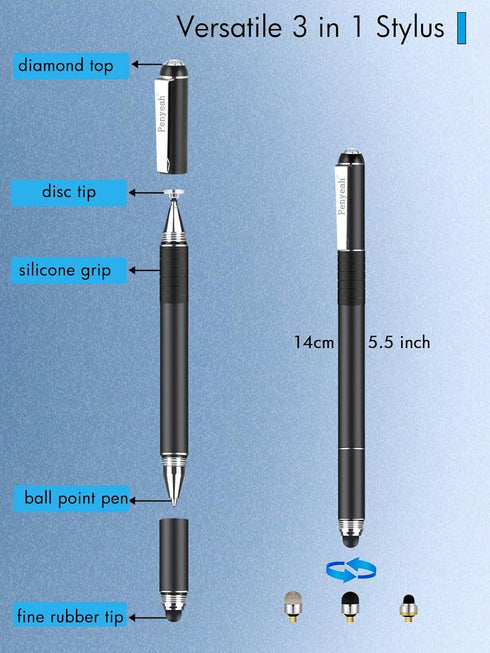 Stylus Pen for Touchscreen, 3 in 1 Easy Rubber Grip & High Precision Capacitive Stylus Pen for iPad, iPhone, Android Cellphone, Tablets, Touch Scr...