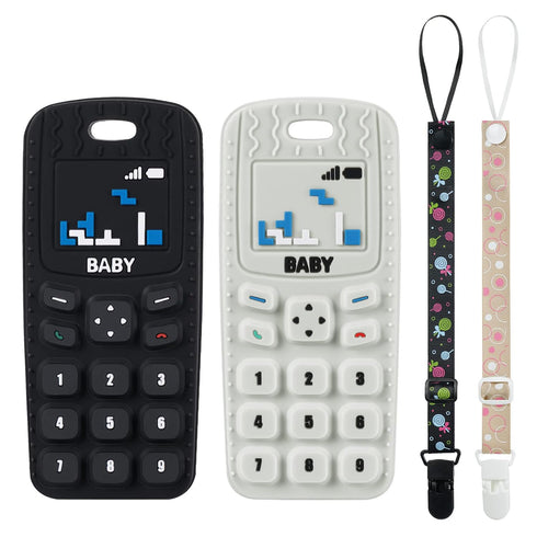 Baby Teether Toys, 2PCS Silicone Baby Teething Toys Phone Shape with 2PCS Pacifier Clip, Soft Teething Toys for Toddlers,Boys Girls Baby Chew Toys...