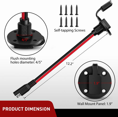 Nilight - 10040W 2 Pack 12AWG SAE Power Socket Sidewall Port Solar Panel Flush Mount Connector Plug 2Pin SAE Cable with 8 Screws for Solar Generat...