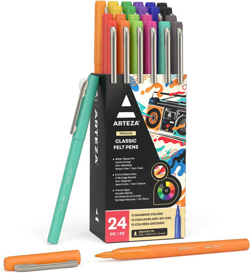 ARTEZA Felt Tip Pens, Set of 24, 12 Rainbow Colors, 1.0–1.5 mm Fiber Tip, Quick-Drying Water-Based Ink, Art Supplies for School, Office, and Home...