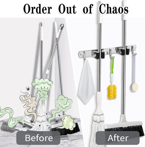 2 Racks and 3 Hooks Broom and Mop Holder Wall Mounted Garage Organizer Storage Tool Racks Stainless Steel Heavy Duty Hooks Self Adhesive Solid Non...