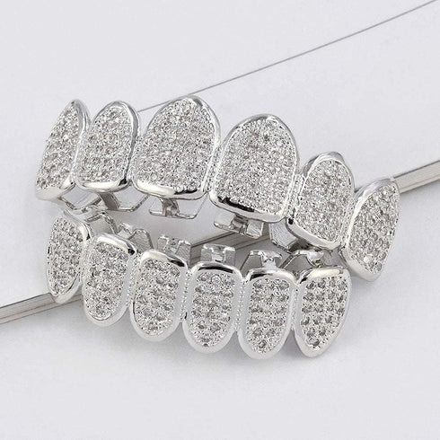 JINAO Grillz Grills for Your Teeth Simulated Diamond Teeth Grillz with Extra Molding Bars Included 18K Gold Plated All Iced Out Cubic Zirconia Gol...