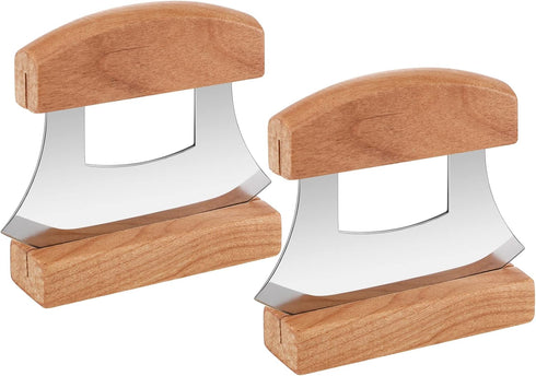 Hanaive 2 Pack 4 x 5 inch Mezzaluna Ulu Knife Salad Veggies Rocker Chopper Slicer Cutter Mezzaluna Knife with Wooden Display Stand for Kitchen Cut...