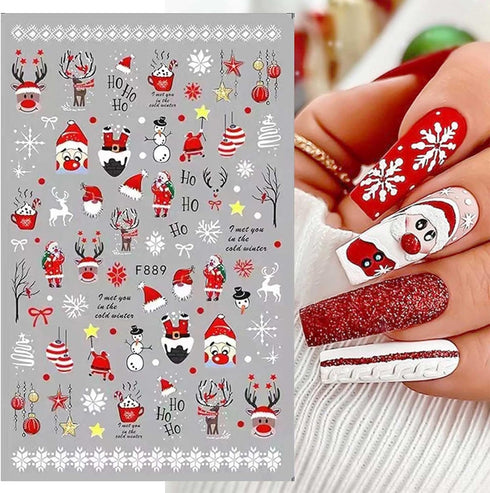 JMEOWIO 4 Sheets Christmas Glitter Nail Art Stickers Decals Self-Adhesive Pegatinas Uñas Snowflake Xmas Winter Holiday Red Cute Santa Elk Nail Sup...