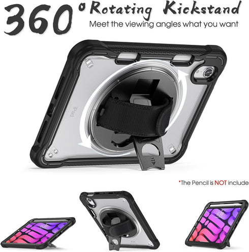 BRAECNstock iPad Mini 6 Case 8.3 inch 2021 with Screen Protector,Pencil Holder/360 Rotate Stand/Shoulder Strap,Shockproof Cover for Kids iPad Mini...