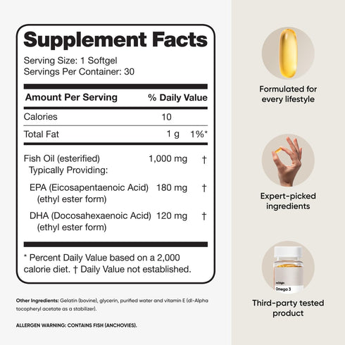 Omega 3 EPA & DHA, Fish Oil 1000mg per Serving, Supports Heart, Brain, Skin & Eye Health, No Burp-Back, 30 Softgels, 30 Day Supply...
