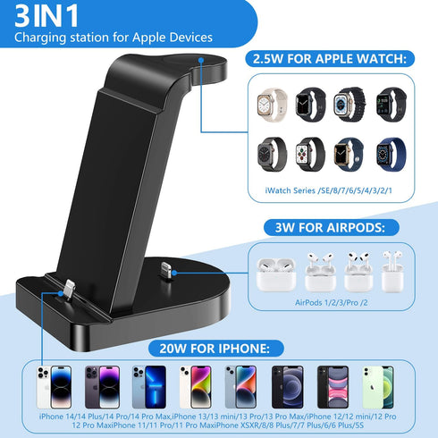 Charging Station for Multiple Devices,Cabepow 3 in 1 Fast Charging Station Dock for iPhone Series 14 Pro Max/13/12/11/X/8 Plus,for Airpods, Wirele...