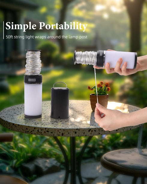 Camping String Lights, 4 in 1 Outdoor String Lights with 9 Light Modes(50Ft), LED String Lights Waterproof IPX6 Portable Camping Lantern Rechargea...