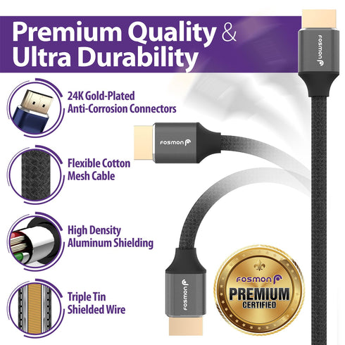 Fosmon HDMI 2.1 Cable 8K@60Hz 1ft, Premium Certified in-Wall CL3 Rated, 48Gbps Ultra High Speed, 4K@120Hz, Dynamic HDR, HDCP 2.3, 3D, eARC, 30AWG ...