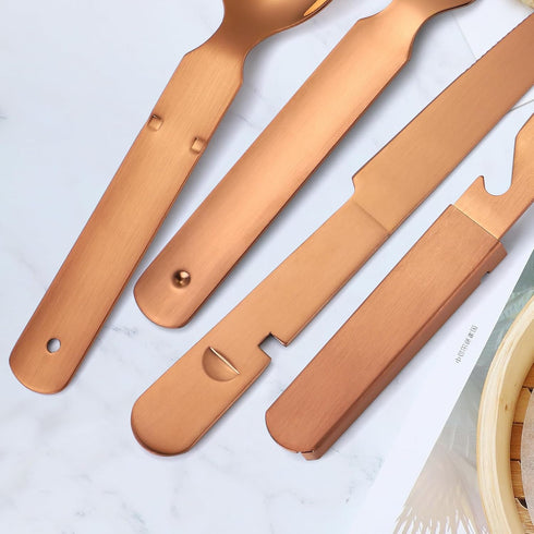 Camping Silverware Copper/Rose Gold Flatware Stainless Steel Eating Utensils Set Travel Portable Knife Fork Spoon Bottle Opener 4 Pieces Multi-fun...