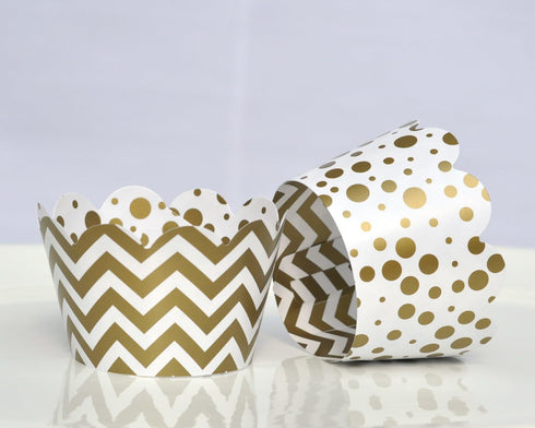 Gold and White Cupcake Wrappers for Weddings, Graduations, Kids and Adult Birthday Parties, Baby Showers. Set of 24 Reversible Cup Cake Holder Wra...